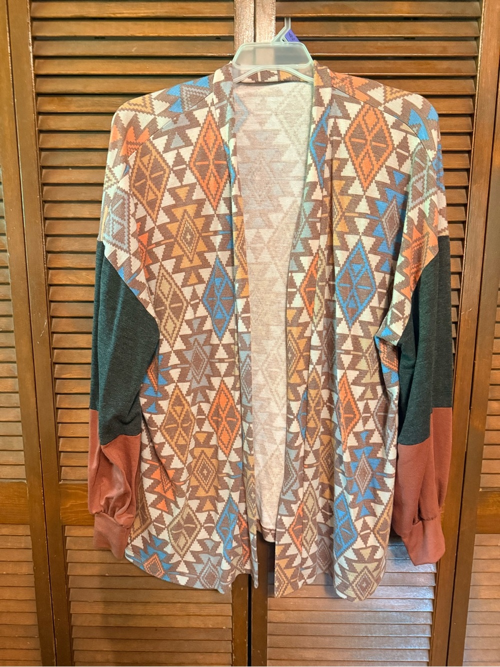 Geometric Open-Front Cardigan Sweater in Rust, Blue & Cream
